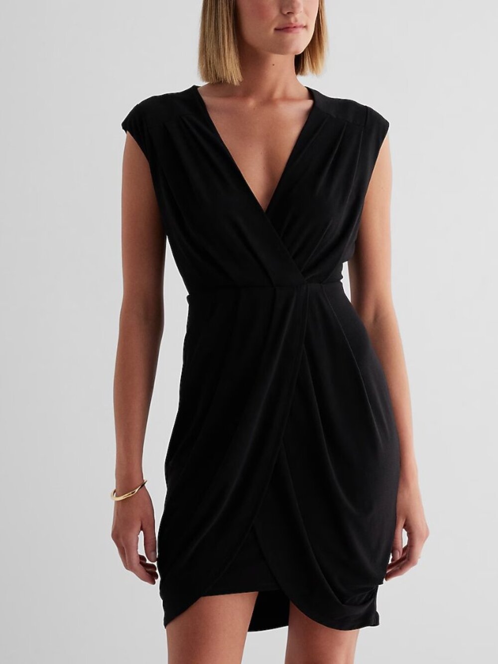 Express V-Neck Faux Wrap Pleated Mini Sheath Dress - Picture 3 of 9